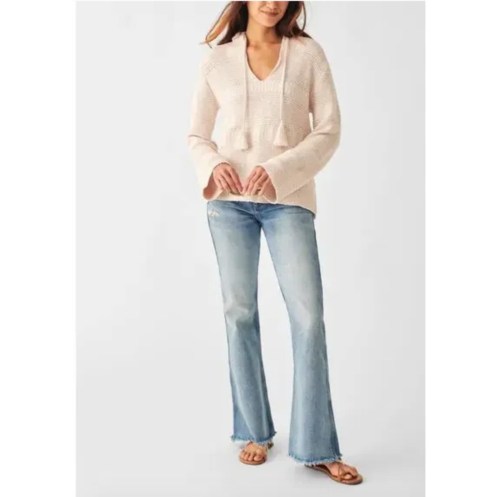 Faherty Beige Cream Boho Chic Lagenlook Knit Hooded Poppy Sweater Tassel Size S